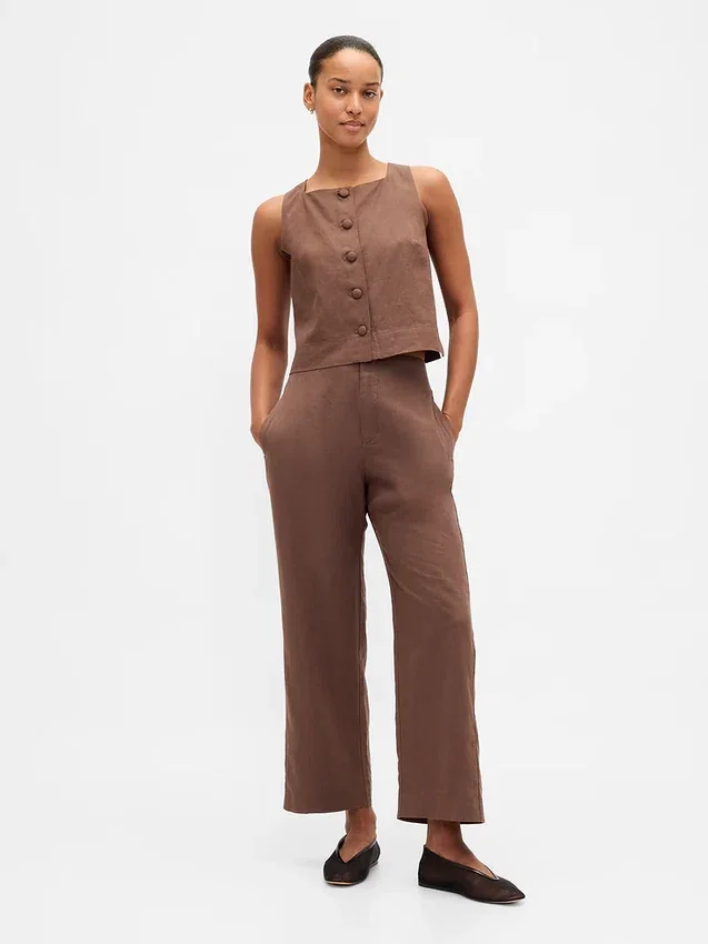 Pantalones rectos holgados hasta el tobillo de mezcla de lino