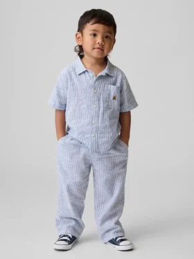 Pantalones sin tirantes de lino y algodón para bebés y niños pequeños
