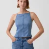 Partes de arriba de denim ultrasuave con costuras y cuello cuadrado