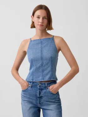 Partes de arriba de denim ultrasuave con costuras y cuello cuadrado