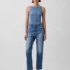 Partes de arriba de denim ultrasuave con costuras y cuello cuadrado
