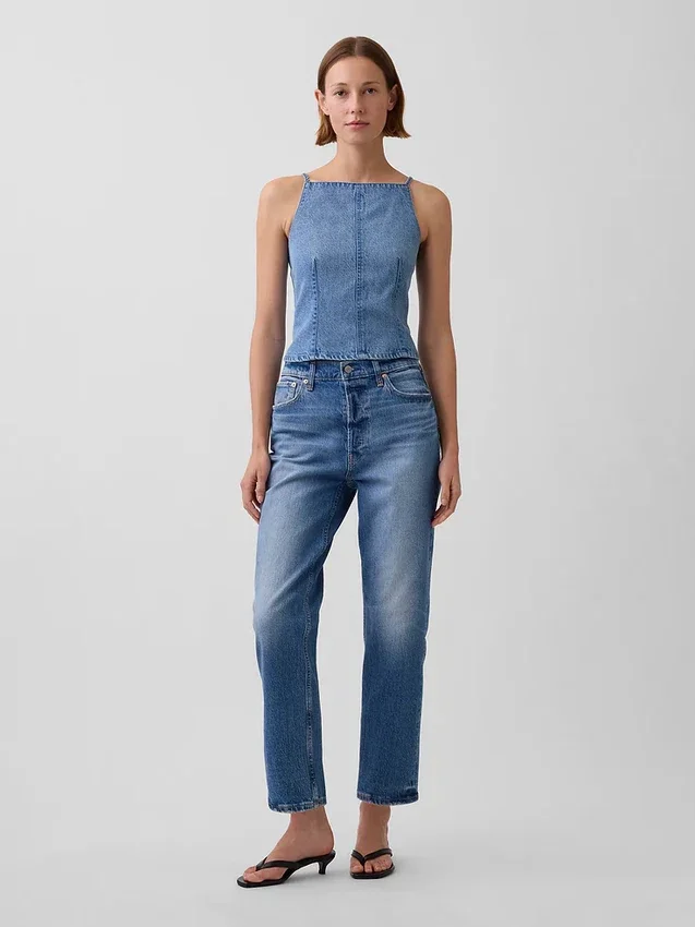 Partes de arriba de denim ultrasuave con costuras y cuello cuadrado