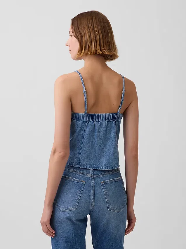 Partes de arriba de denim ultrasuave con costuras y cuello cuadrado