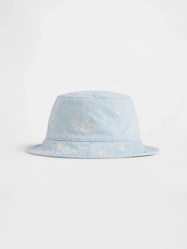 Sombrero de pescador de mezclilla con margaritas para bebés y niños pequeños