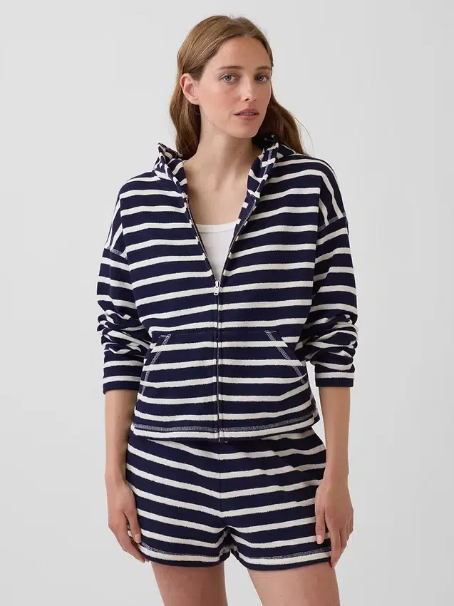 Sudadera con capucha, cremallera y rayas oversize de felpa de toalla