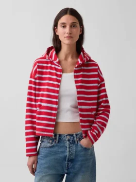 Sudadera con capucha, cremallera y rayas oversize de felpa de toalla