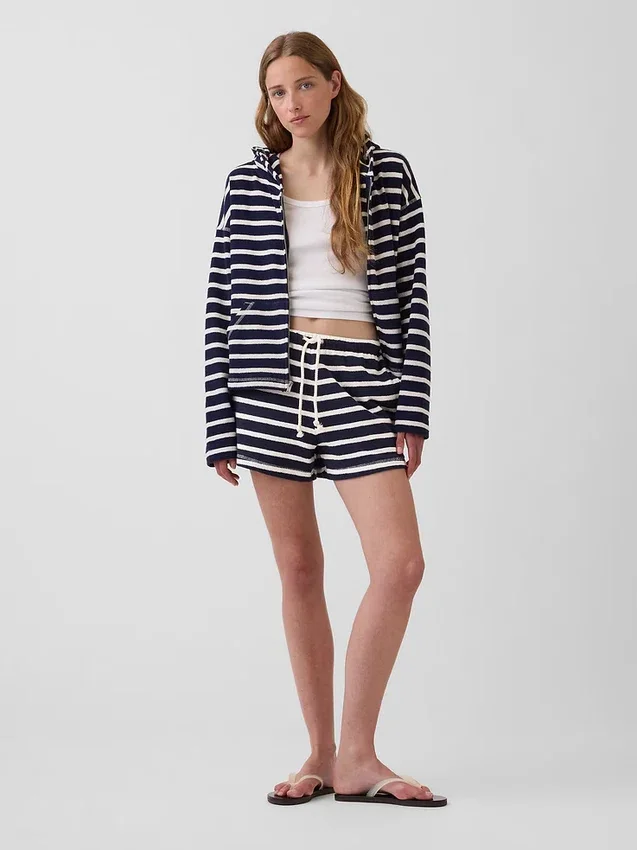 Sudadera con capucha, cremallera y rayas oversize de felpa de toalla