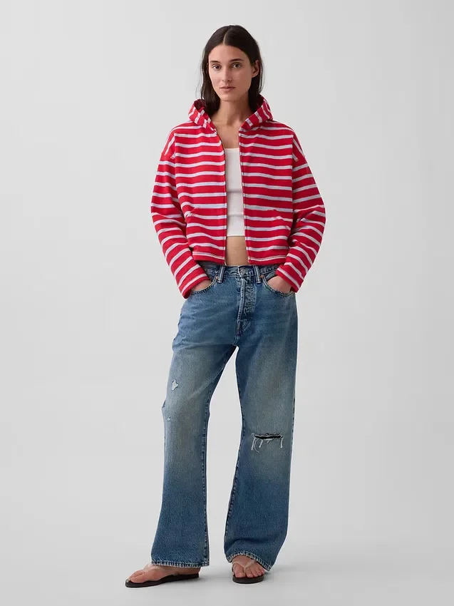 Sudadera con capucha, cremallera y rayas oversize de felpa de toalla