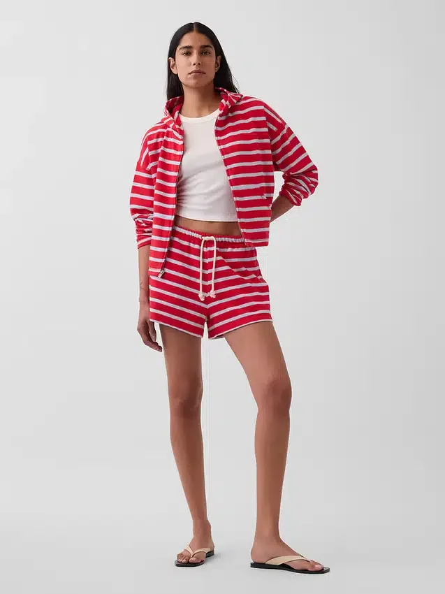Sudadera con capucha, cremallera y rayas oversize de felpa de toalla
