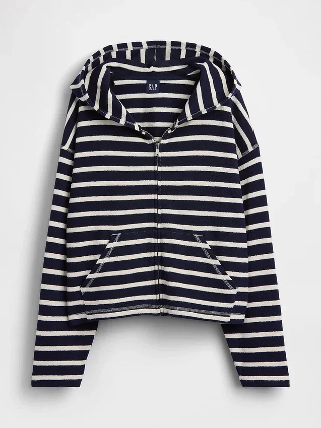 Sudadera con capucha, cremallera y rayas oversize de felpa de toalla
