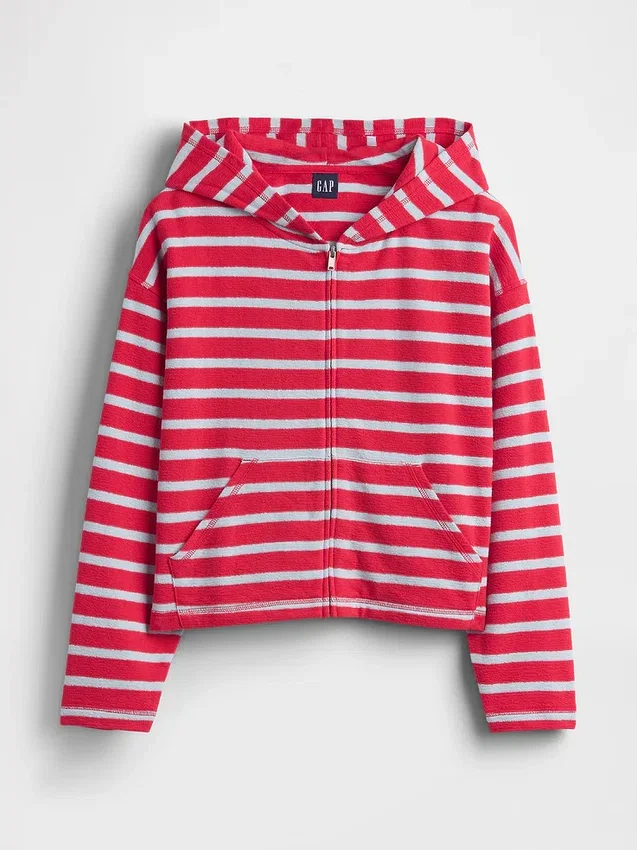 Sudadera con capucha, cremallera y rayas oversize de felpa de toalla