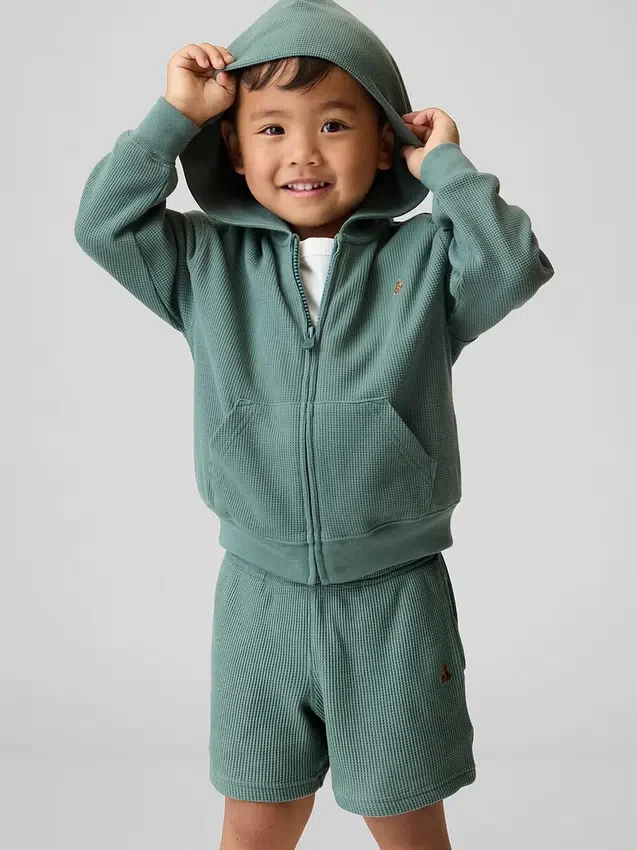Sudadera con capucha y cremallera completa de punto waffle para bebés y niños