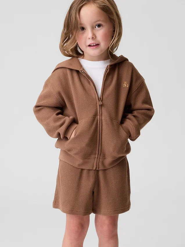 Sudadera con capucha y cremallera completa de punto waffle para bebés y niños