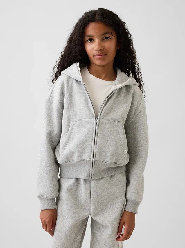 Sudadera con capucha y cremallera completa para niños Vintagesoft, de corte holgado y con ribete de encaje
