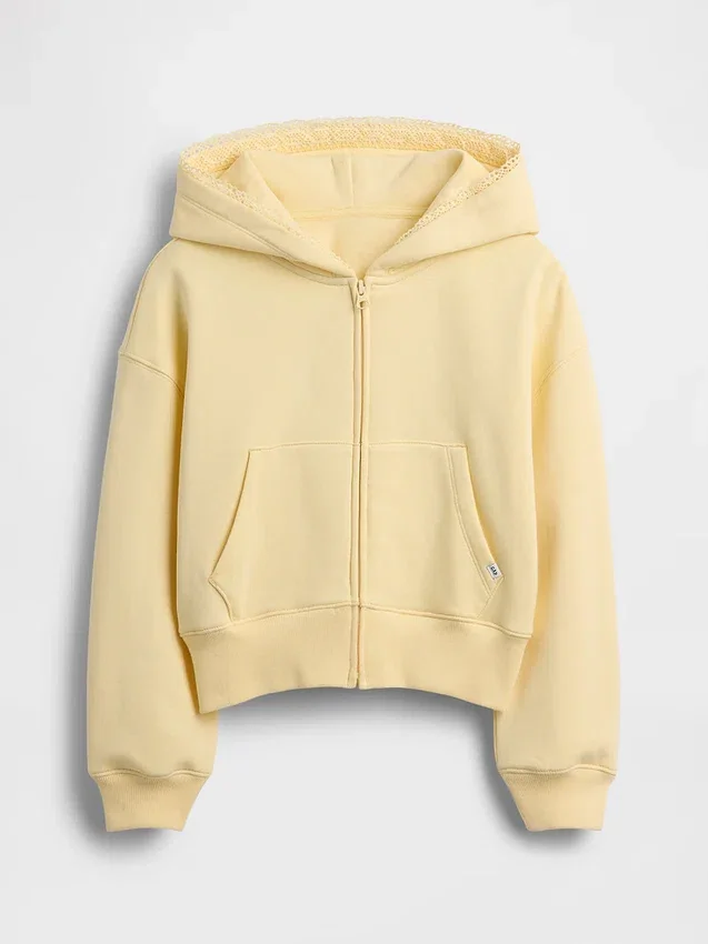 Sudadera con capucha y cremallera completa para niños Vintagesoft, de corte holgado y con ribete de encaje