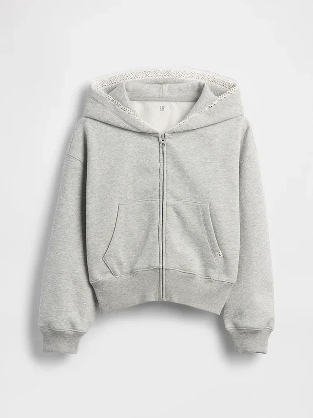Sudadera con capucha y cremallera completa para niños Vintagesoft, de corte holgado y con ribete de encaje