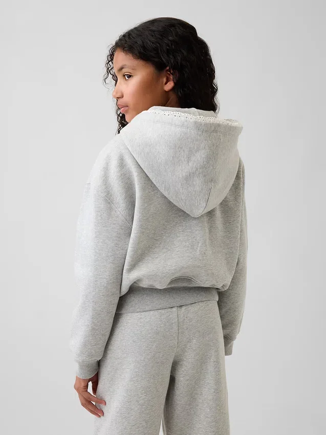 Sudadera con capucha y cremallera completa para niños Vintagesoft, de corte holgado y con ribete de encaje