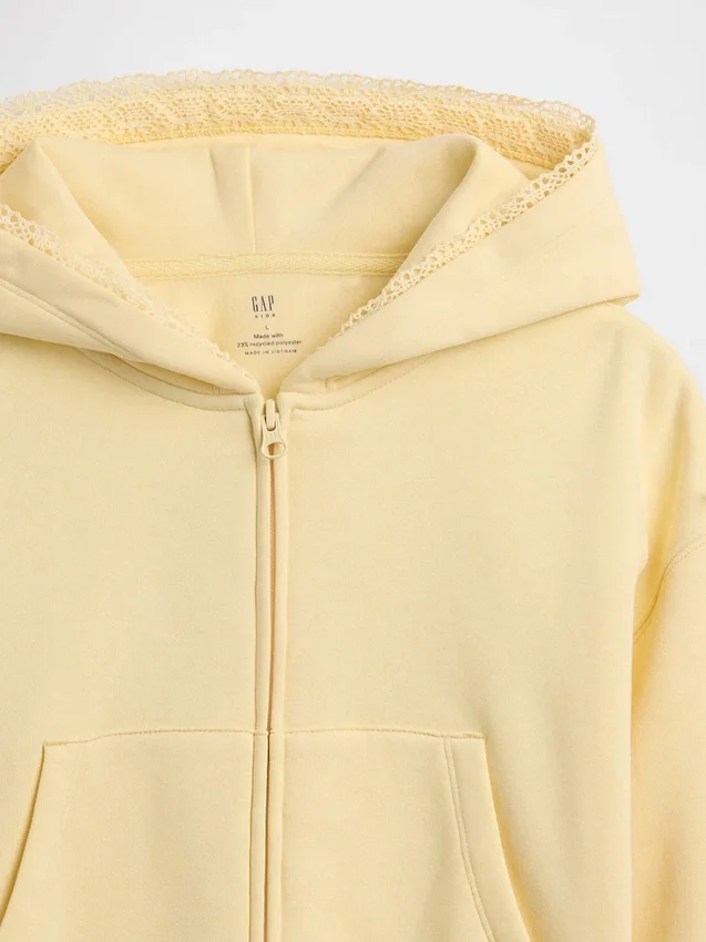 Sudadera con capucha y cremallera completa para niños Vintagesoft, de corte holgado y con ribete de encaje