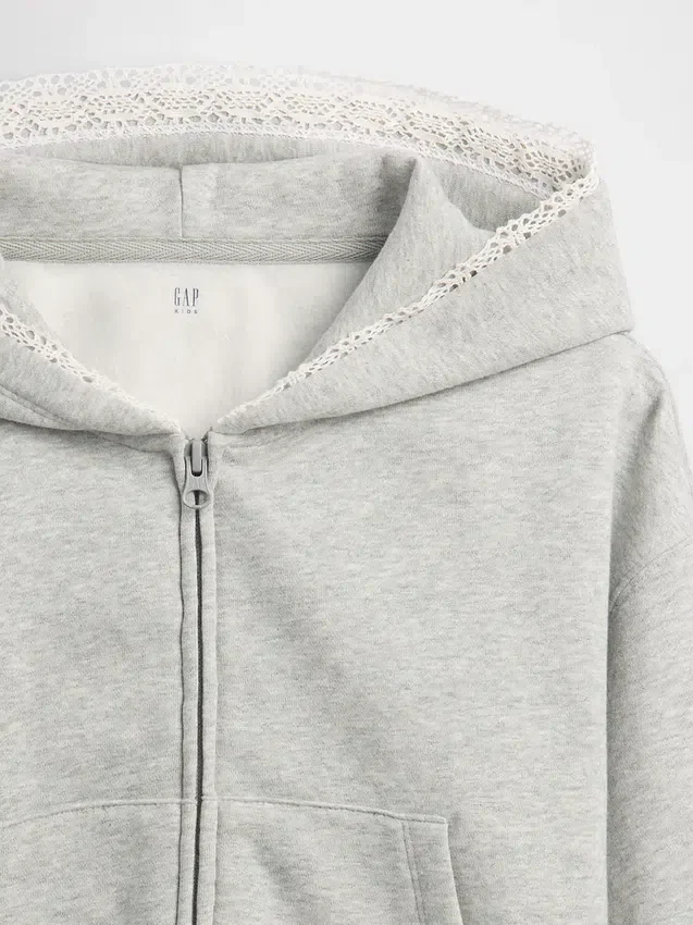 Sudadera con capucha y cremallera completa para niños Vintagesoft, de corte holgado y con ribete de encaje