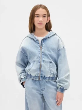 Sudadera con capucha y cremallera de mezclilla de punto para niños