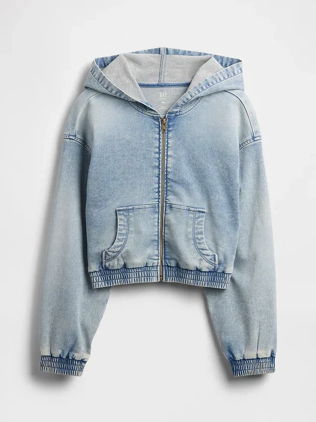 Sudadera con capucha y cremallera de mezclilla de punto para niños
