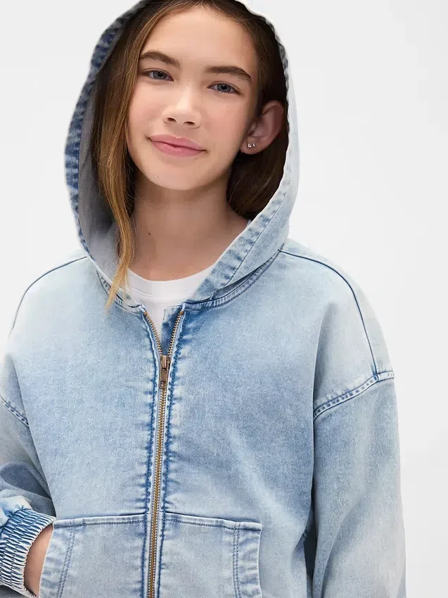 Sudadera con capucha y cremallera de mezclilla de punto para niños