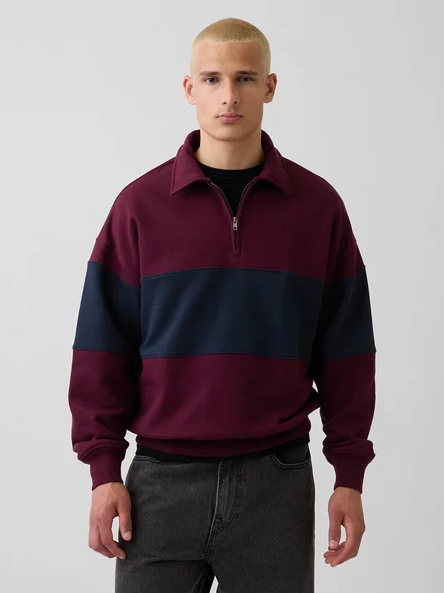 Sudadera de felpa de mezcla de algodón, gruesa y de corte oversize, con rayas y media cremallera