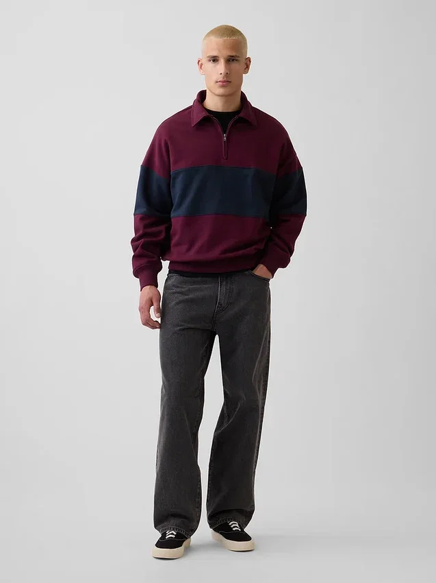 Sudadera de felpa de mezcla de algodón, gruesa y de corte oversize, con rayas y media cremallera