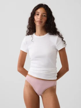 Tanga de algodón orgánico elástico con ribete de encaje