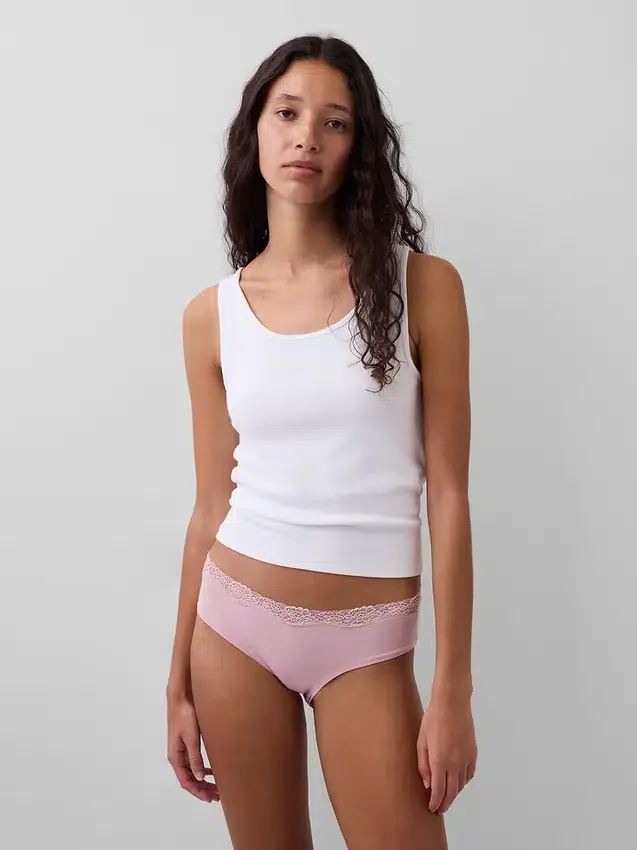 Tanga de algodón orgánico elástico con ribete de encaje