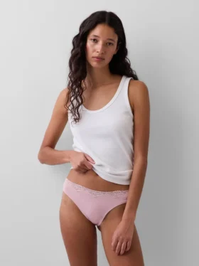Tanga de algodón orgánico elástico con ribete de encaje