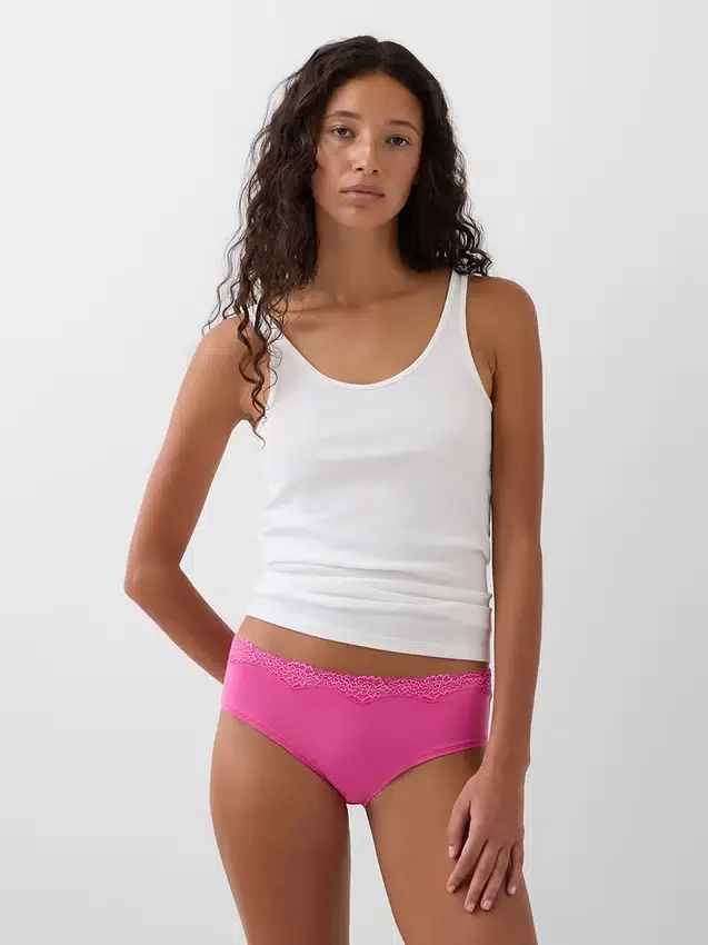 Tanga de algodón orgánico elástico con ribete de encaje