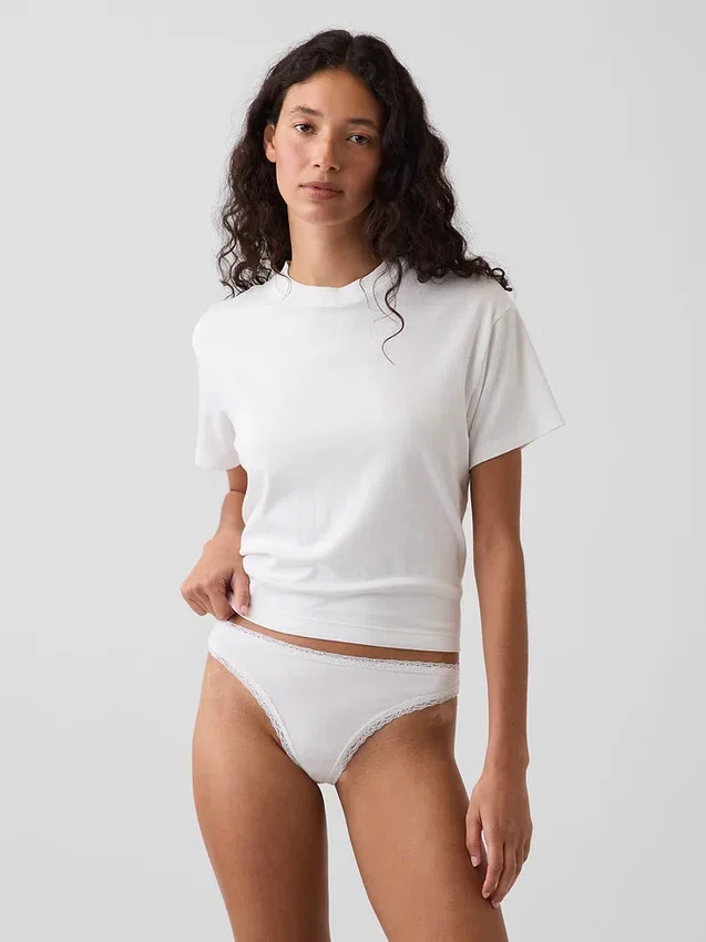 Tanga de algodón orgánico elástico con ribete de encaje