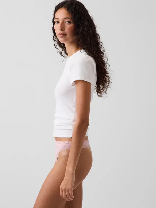 Tanga de algodón orgánico elástico con ribete de encaje
