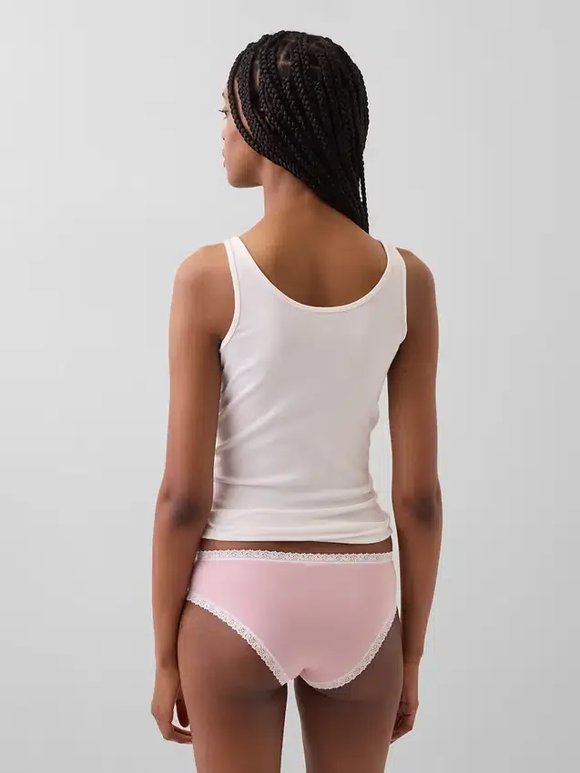 Tanga de algodón orgánico elástico con ribete de encaje