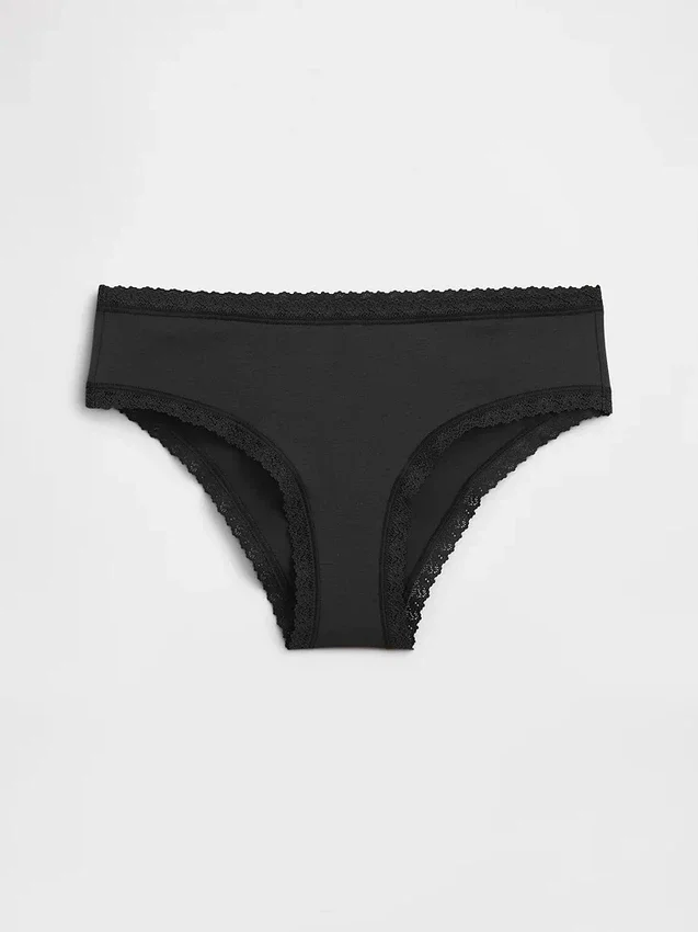 Tanga de algodón orgánico elástico con ribete de encaje