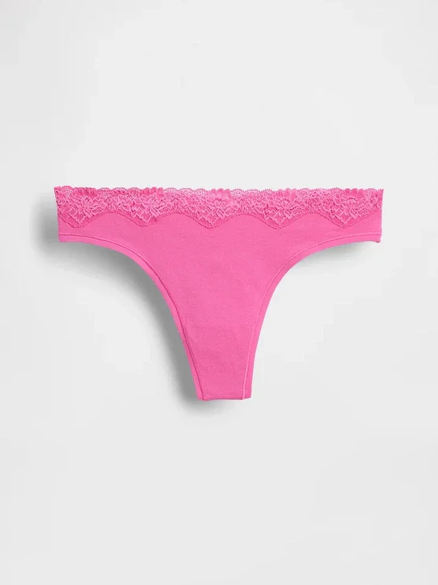Tanga de algodón orgánico elástico con ribete de encaje