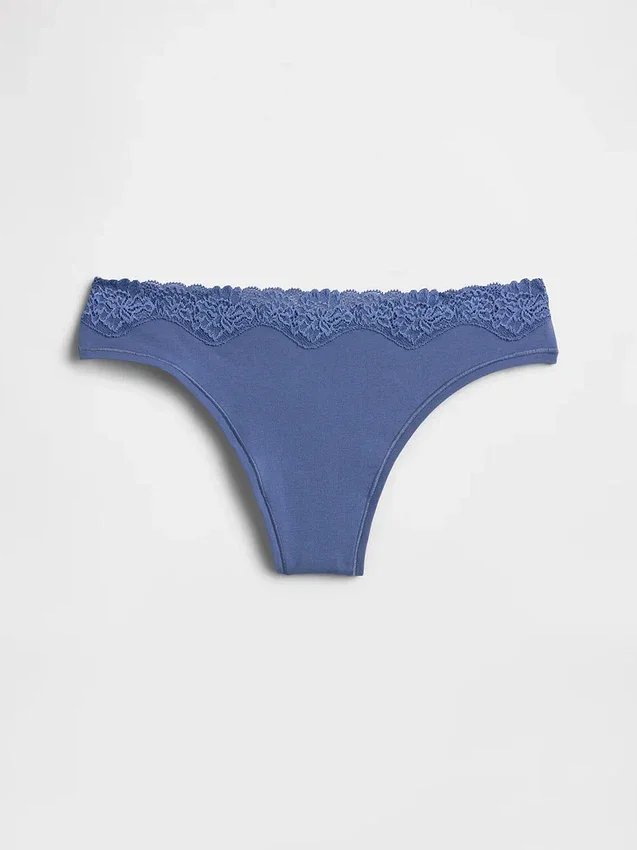 Tanga de algodón orgánico elástico con ribete de encaje