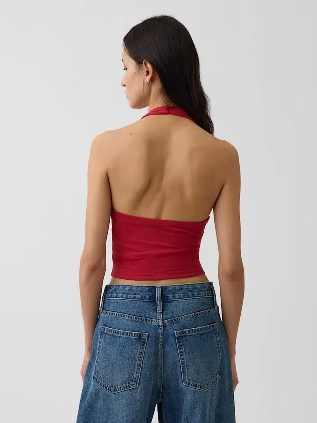 Top corto de cuello halter de tejido tupido