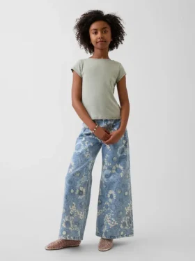 Vaqueros de mezclilla holgados de talle bajo con estampado floral para niños