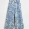Vaqueros de mezclilla holgados de talle bajo con estampado floral para niños