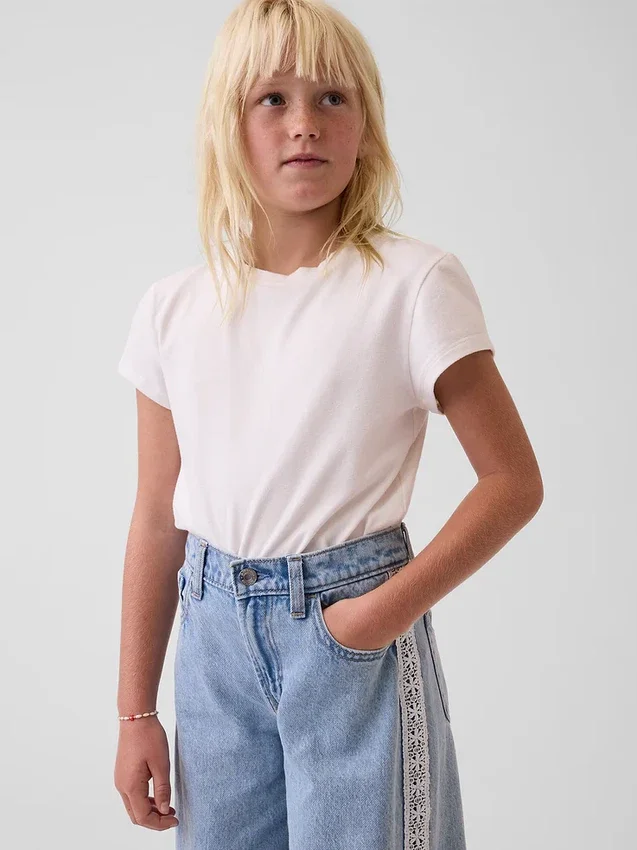 Vaqueros de mezclilla holgados de talle bajo con ribete de encaje para niños