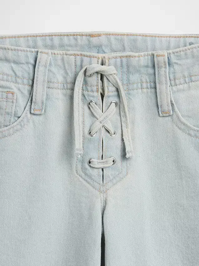 Vaqueros de mezclilla para niños de talle bajo, con cordones y corte acampanado holgado