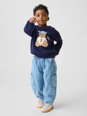 Vaqueros de mezclilla tipo barril con bolsillos y diseño de oso Brannan para bebés y niños pequeños