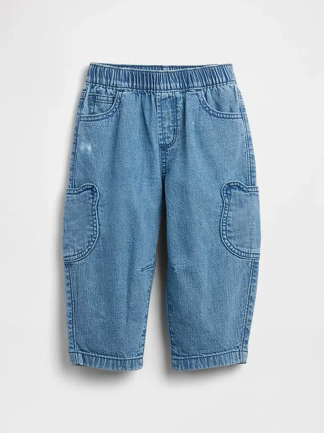 Vaqueros de mezclilla tipo barril con bolsillos y diseño de oso Brannan para bebés y niños pequeños