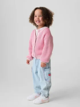Vaqueros de mezclilla tipo cargo con corte de barril y diseño de fresa para Bebé y Niño