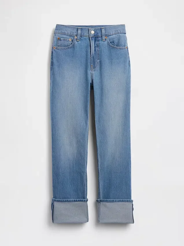 Vaqueros de talle alto, con dobladillo, estilo recto y ajustado de los 90
