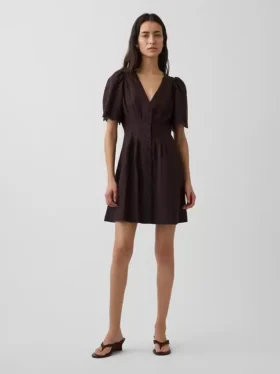 Vestidito tipo camisa mini ajustado en la cintura de mezcla de lino