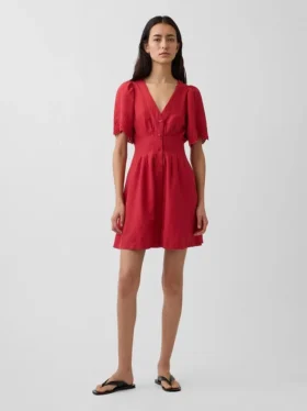 Vestidito tipo camisa mini ajustado en la cintura de mezcla de lino