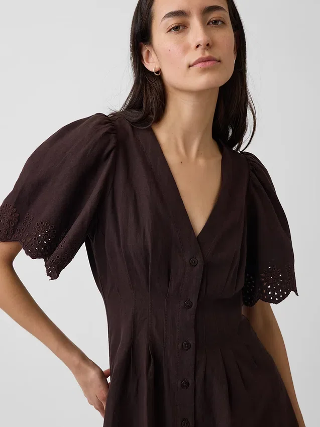 Vestidito tipo camisa mini ajustado en la cintura de mezcla de lino